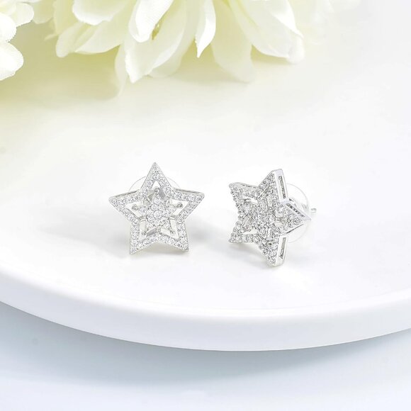 Sterling Silver Star Earrings for Women with Cubic Zirconia - Hypoallergenic, Da - Picture 4 of 7